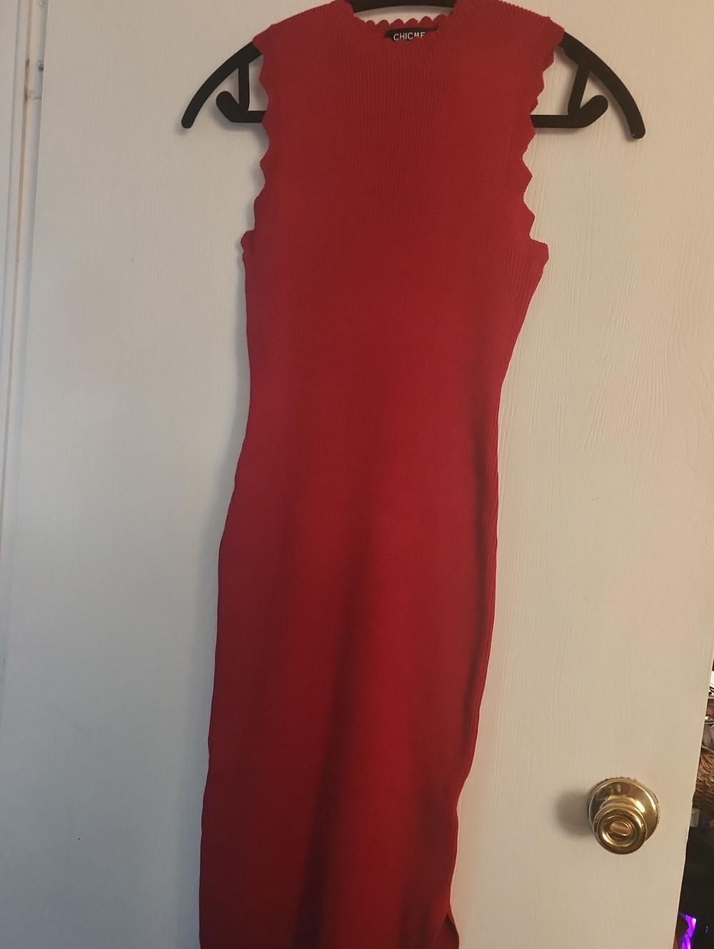 Never Worn! CHICME Red Ribbed Midi Dress with Scalloped Trim -VERY STRETCHY-
